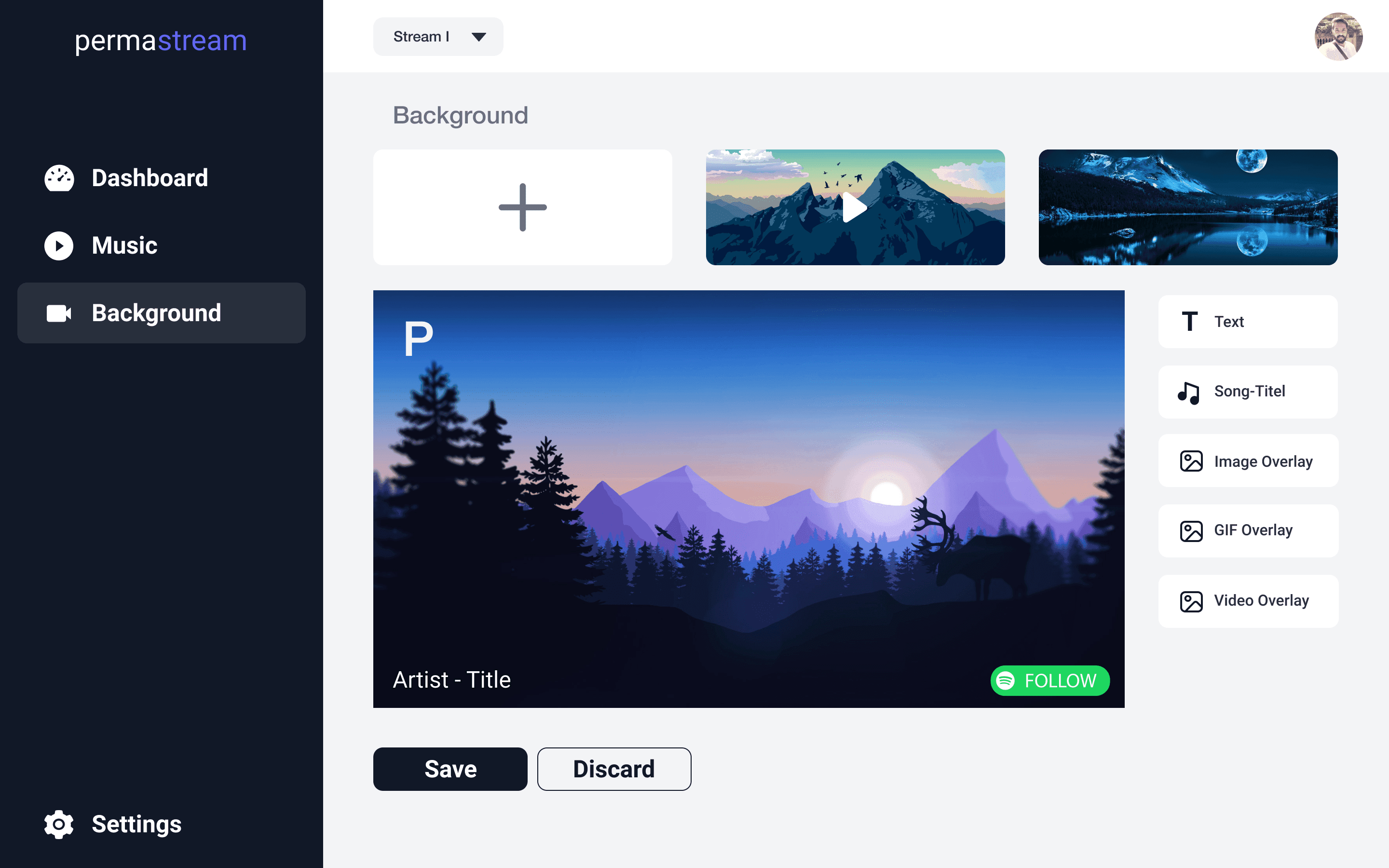 Drag & Drop Stream Builder with background images, overlays, and music titles.